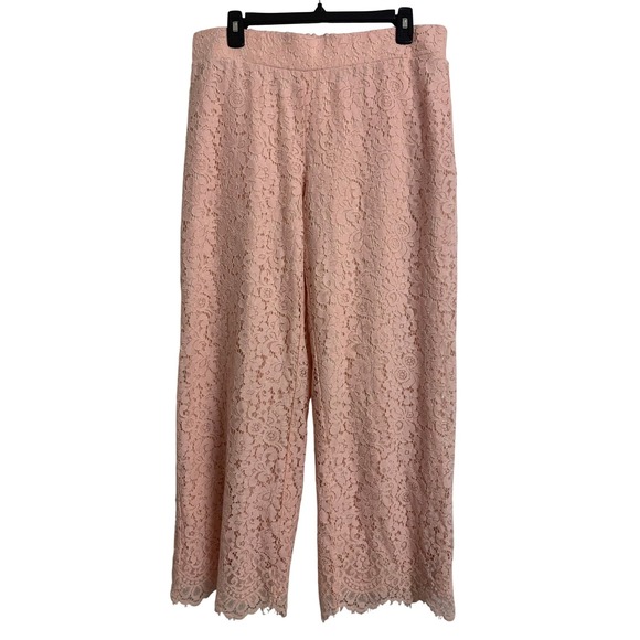 Isaac Mizrahi Live Pants - Isaac Mizrahi Live‎ Pink Floral Lace Wide Leg Pants Scalloped Hem Medium